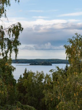 Finlandiya, Kangasala 'da ağaçların arasından huzurlu bir göl manzarası