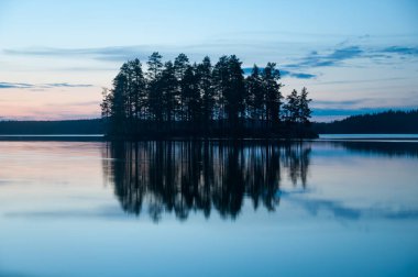 Finlandiya ormanlarında tahtadan bir adayla sakin bir gölün akşam manzarası