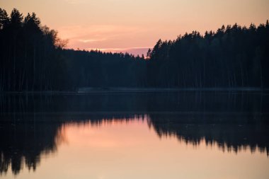 Finlandiya 'nın kozalaklı ormanlarında bahar akşamı günbatımında göl manzarası
