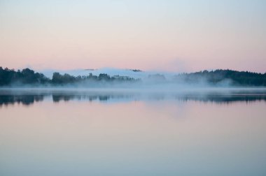 Yaz başında, Finlandiya 'da sakin bir gölün kenarında, sudan yükselen sisli bir havada.