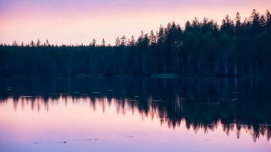 Finlandiya 'nın doğu ormanlarındaki bir gölün yüzeyinde yaz gecesi günbatımının yansıması.