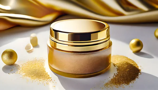 3d render, gold and golden cosmetic product, luxury product packaging, beauty and cosmetics concept
