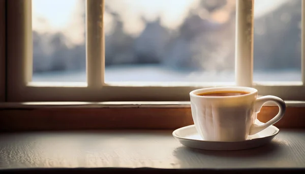 cup of tea in a wooden window on background of a winter landscape