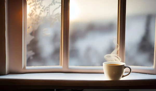 cup of coffee in the winter morning with a window