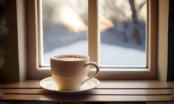 coffee cup on window sill with winter snow and warm sunlight in the background.
