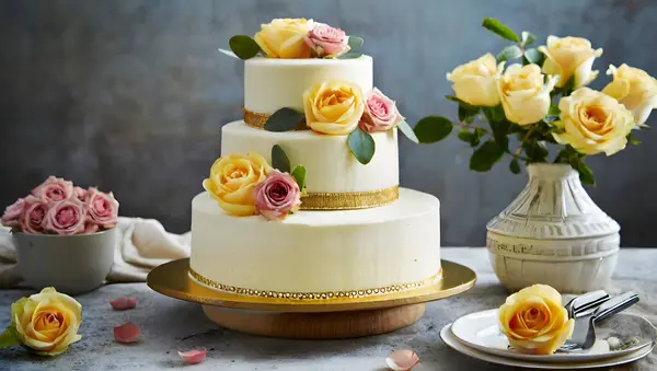 wedding cake decorated with white roses, wedding cake, flowers