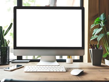 Computer desktop with blank white screen clipart