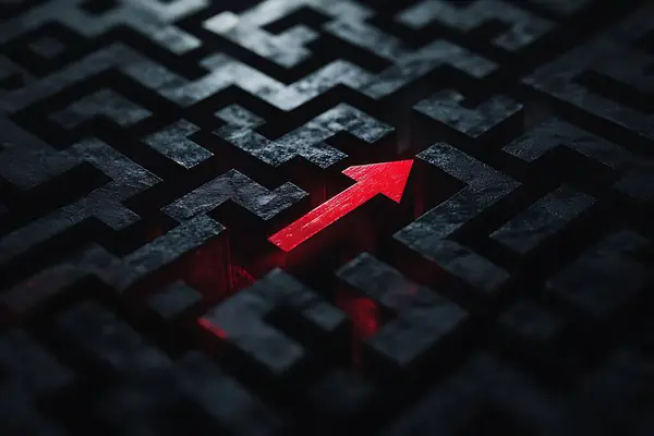 stock image Red arrow in the complex black maze.