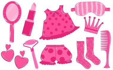 Çizgi film pembe moda seti, yaşam tarzı bebek estetik aksesuarları ve kıyafetler. Uyuyan pembe bebek seti.