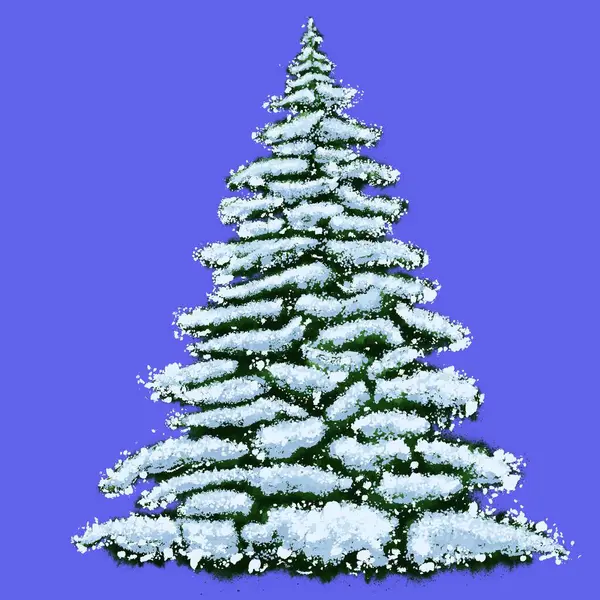 冬に雪に覆われたクリスマスツリー 冬のエバーグリーンで覆われた木 雪の中の緑色のスプルー 紫色の背景での新年の休暇のためのスプルース — ストック写真