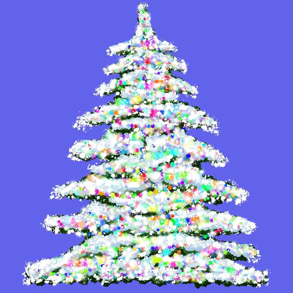 圣诞树上装饰着白雪覆盖的花环 冬季长青白雪覆盖的树 雪地里的绿色云杉 紫色背景下的新年云杉 — 图库照片