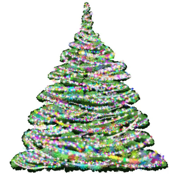 Рождественская Елка Украшена Гирляндами Вечно Зеленое Дерево Зимой Зеленая Ель — стоковое фото