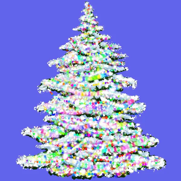 Χριστουγεννιάτικο Δέντρο Διακοσμημένο Γιρλάντες Καλυμμένο Χιόνι Αειθαλές Χιονισμένο Δέντρο Χειμώνα — Φωτογραφία Αρχείου