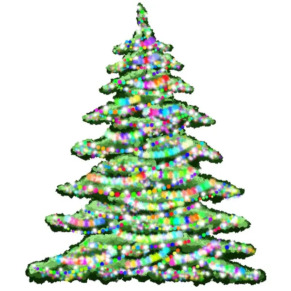 Χριστουγεννιάτικο Δέντρο Είναι Διακοσμημένο Γιρλάντες Αειθαλές Φυτό Χειμώνα Πράσινο Έλατο — Φωτογραφία Αρχείου