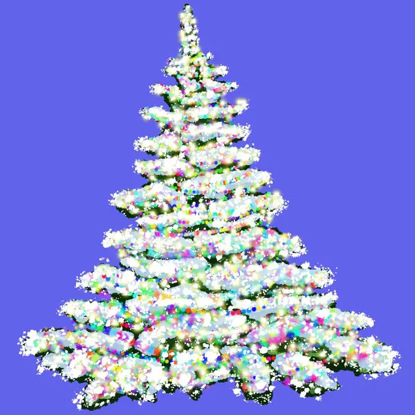 Kerstboom Versierd Met Bloemenslingers Bedekt Met Sneeuw Evergreen Besneeuwde Boom — Stockfoto