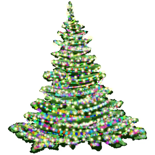 クリスマスツリーはガーランドで飾られています 冬のエバーグリーンの木 森の中の緑色のスプルー ホワイトバックの新年の休暇のためのスプルー — ストック写真