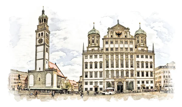 Wieża Perlachturm Położona Placu Ratuszowym Augsburgu Niemcy Jest Historycznym Klejnotem — Zdjęcie stockowe