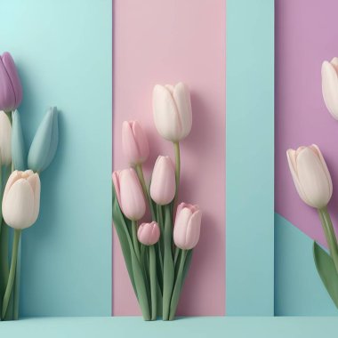 Pastel renkli ahşap arka plana karşı pembe laleler..