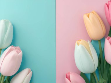 Pastel renkli ahşap arka plana karşı pembe laleler..