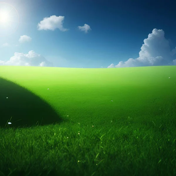 Grönt Fält Och Blå Himmel Med Moln — Stockfoto