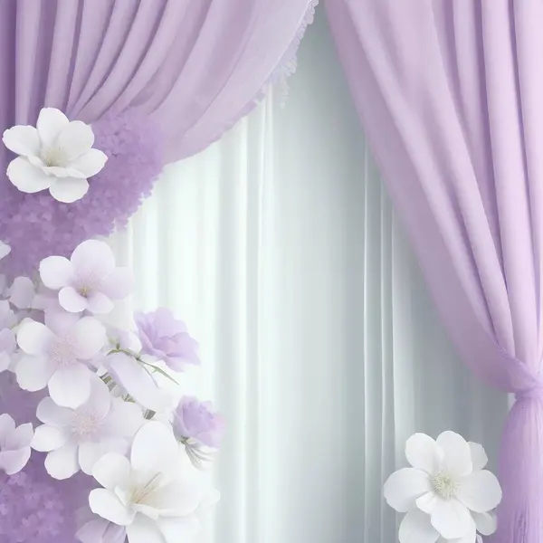 curtains purple and white  and flowers