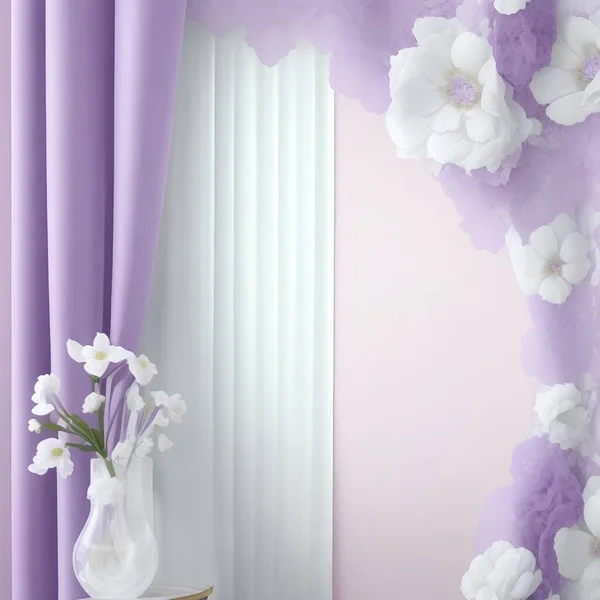 curtains purple and white  and flowers