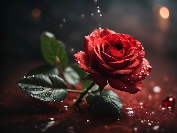 Rosa Roja Con Gotas Agua —  Fotos de Stock