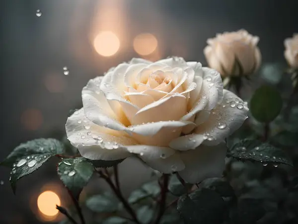 Rosa Branca Gotas Água — Fotografia de Stock