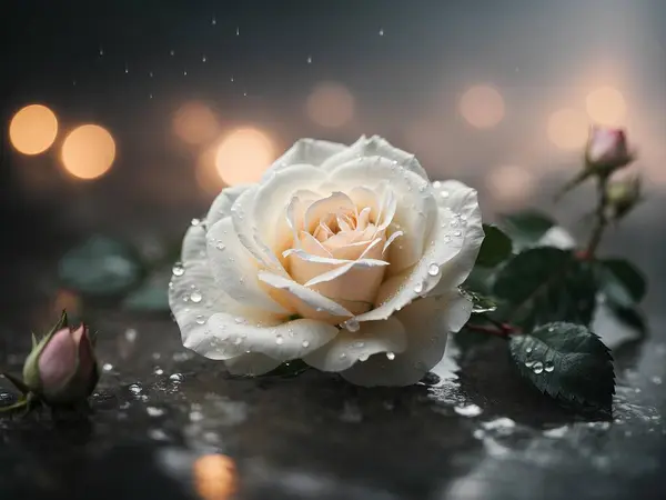 Rosa Branca Gotas Água — Fotografia de Stock