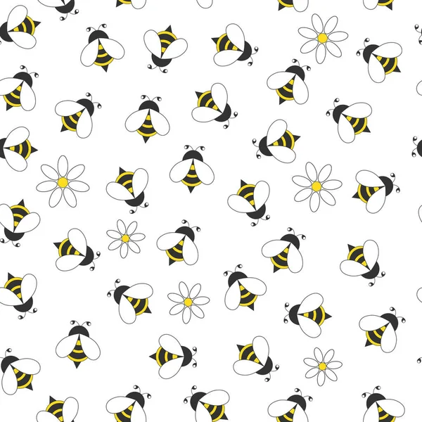 Απρόσκοπτη Μοτίβο Των Μελισσών Κινουμένων Σχεδίων Και Μαργαρίτες — Διανυσματικό Αρχείο