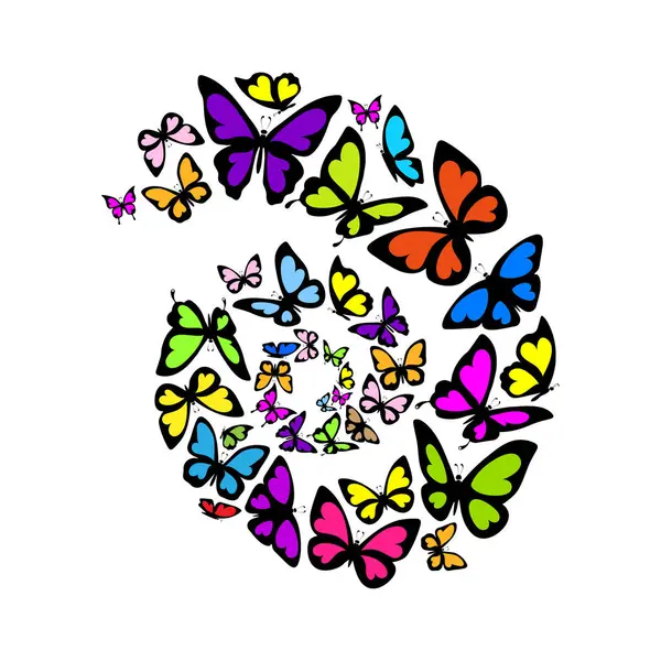Πολύχρωμες Πεταλούδες Πετούν Μια Σπείρα — Διανυσματικό Αρχείο