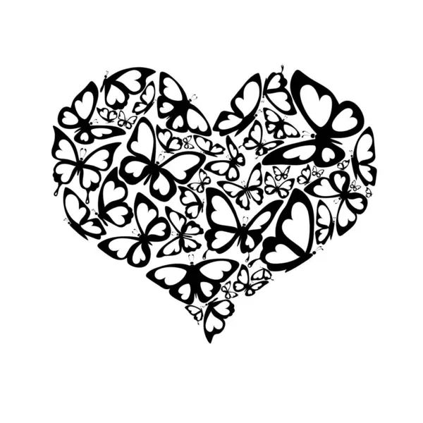 Papillons Noirs Blancs Enfermés Forme Coeur — Image vectorielle