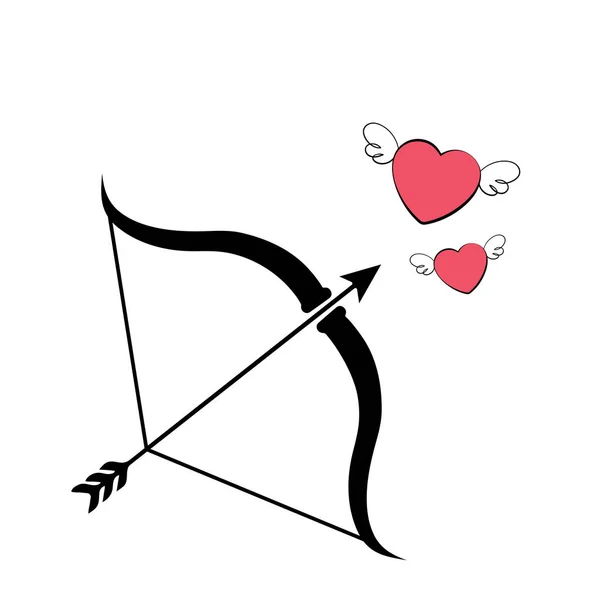 Cupid Bow Arrow Aims Two Flying Hearts — Stock Vector