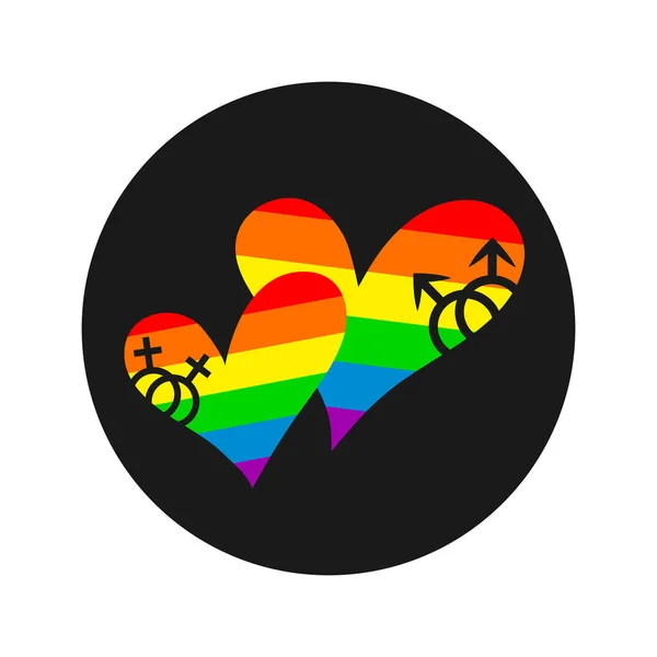 Siyah bir çemberin içinde cinsiyet sembolleri olan iki renkli gökkuşağı kalbi. LGBT sembolü.