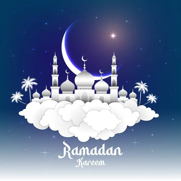 Ramadan Kareem Greeting Card Mosque Minarets Crescent Moon Twinkling Star — Stock Vector