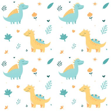 Pastel renkli şirin dinozorlar ve küçük bitkilerle desenli. Çizgi film tarzında sevimli, çocuksu, kusursuz bir desen. Düz renkli vektör çizimi. Serbest çizim