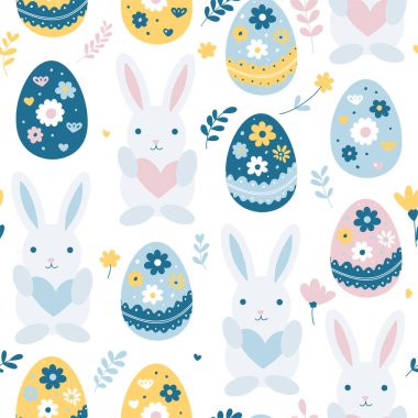 Paskalya tavşanları ve boyalı yumurtalar. Çizgi film tarzında sevimli, çocuksu, kusursuz bir desen. Düz renkli vektör çizimi. Çizgi film tarzı. Serbest çizim
