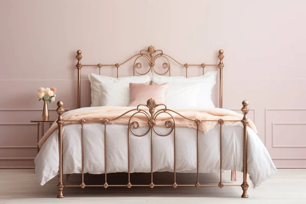 Antique brass bed frame in a vintage bedroom in soft pastel colors, home interior design of modern living room. Ai generated