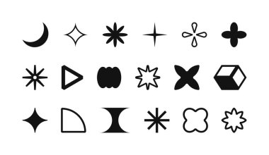 Y2K elementleri hazır, geçmişe dönük Memphis barbarlığı simgeleri. Şeffaf arkaplanda izole edilmiş basit biçimler, semboller ve çerçeveler, farklı grafik yıldızlarının koleksiyonu, parıltı ve şekiller