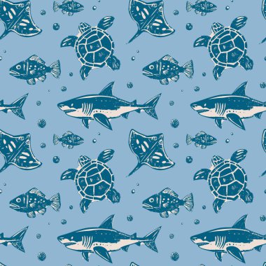 Vintage Sharks, Turtles ve Stingrays on Blue Ocean Destern. El yapımı köpek balıkları, kaplumbağalar, vatozlar ve açık mavi arka plandaki balıklar okyanus teması için mükemmel deniz ürünleri..