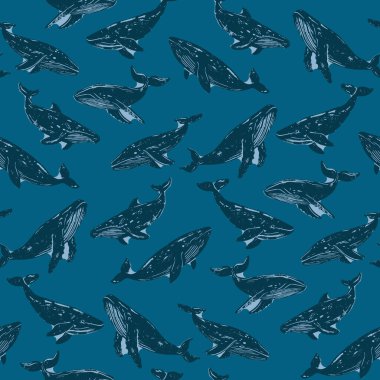 Derin Teal Okyanusu Kalıbında Mavi Kambur Balinalar. Mavi tonlarda el yapımı kambur balinalar, deniz mavisi arka planda, klasik deniz ürünü desenler, okyanus ve deniz teması için mükemmel..