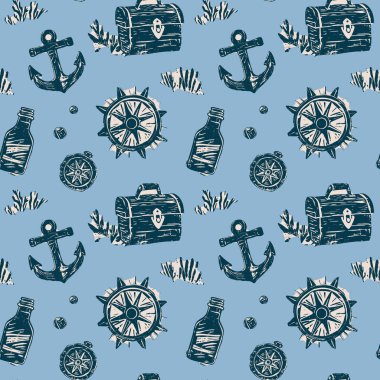 Mavi Şablon 'da klasik Denizcilik Hazine Haritası elementleri. El yapımı çapalar, hazine sandıkları, pusulalar, şişeler, açık mavi arka planda maviler içinde gemi tekerleri korsan esinlenilmiş denizcilik tasarımı..
