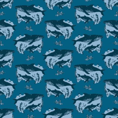 Klasik Mavi Balina ve Köpekbalığı Okyanusu Şablonu. El yapımı balinalar, köpekbalıkları ve derin mavi tonlarda deniz yosunları, denizcilik ve deniz estetiği için mükemmel, okyanus esinlenilmiş klasik bir tasarım yaratırlar..