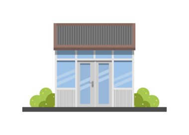 Cam ve metal duvarlı küçük bir bina. Basit düz resimleme.