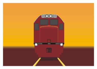 Öğleden sonra lokomotif. Ön manzara. Perspektif görünümünde basit düz çizim.