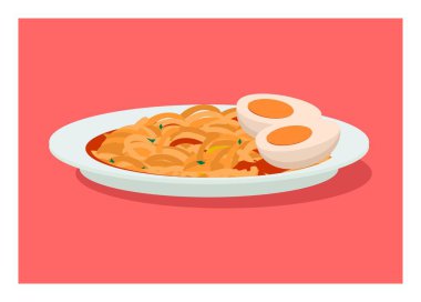 Kaynamış yumurta soslu sıcak çorba eriştesi. Basit düz resimleme.