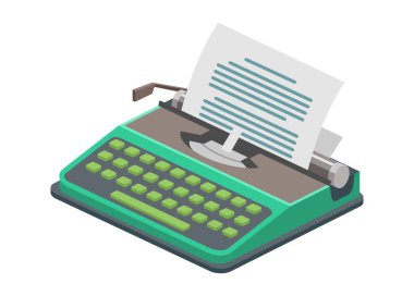 Daktilo makinesi. İzometrik görünümdeki basit düz illüstrasyon.