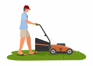 Man pushing lawn mower machine. Simple flat illustration clipart