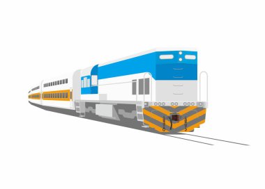 Çift katlı yolcu treni. Perspektif görünümünde basit düz çizim.