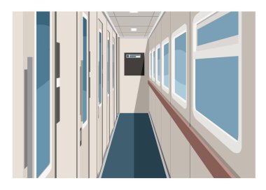 Yataklı vagon koridoru. Perspektif görünümünde basit düz çizim.